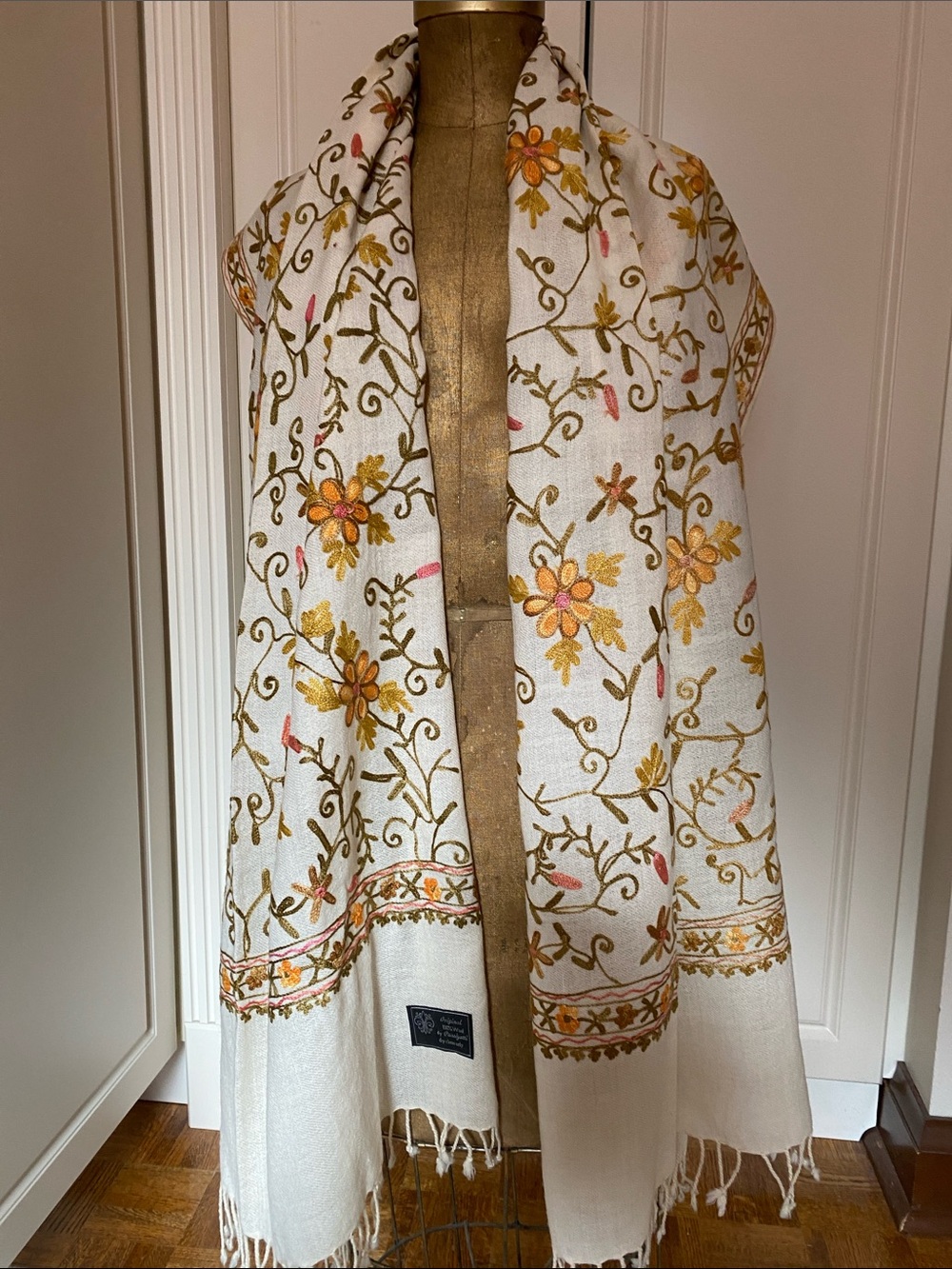 Embroidered Floral Shawl Wrap with Gold and Tan floral embroidered Accents
